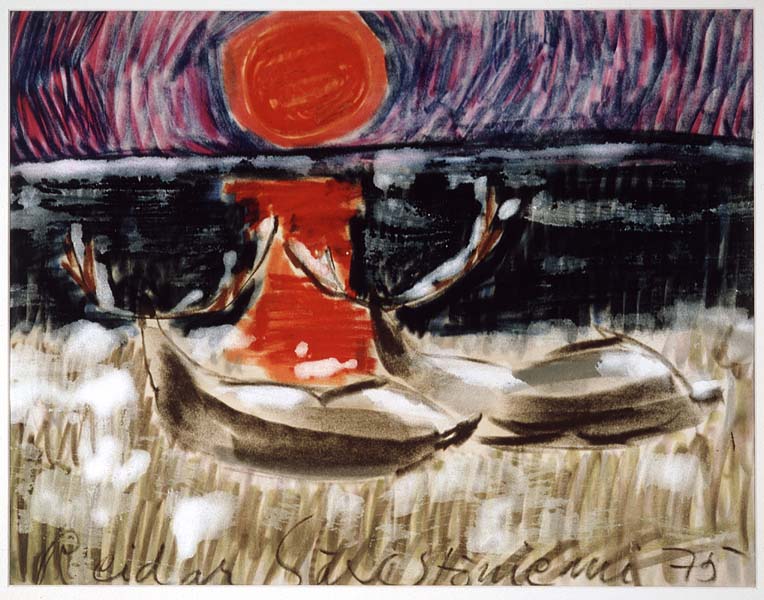 Teoskuva Reidar Särestöniemen värikkäästä maalauksesta Kaksi poroa laskeva aurinko ja auringon silta vuodelta 1975