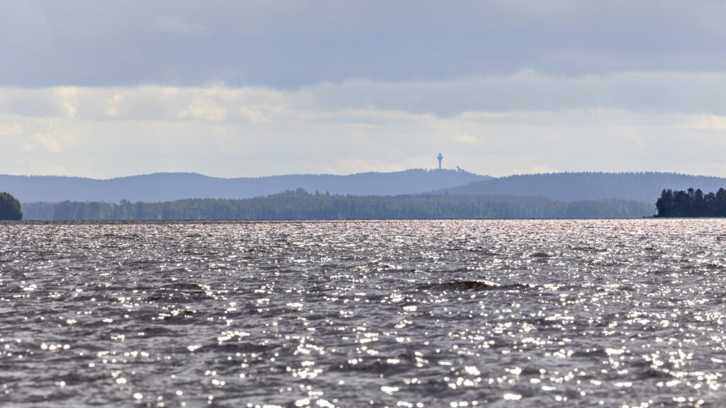 Kesäinen järvimaisema, taustalla Puijon torni.