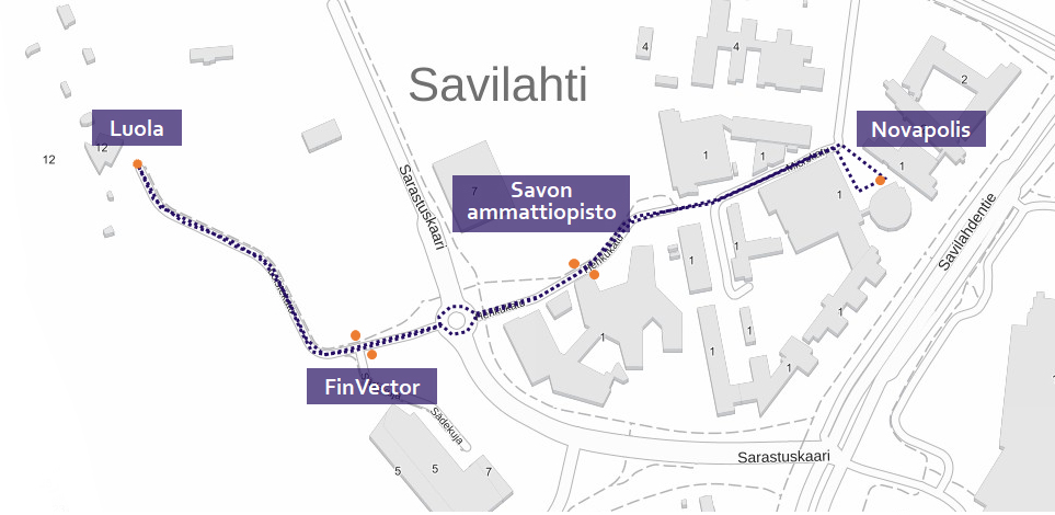 Karttakuva robottibussin reitistä.