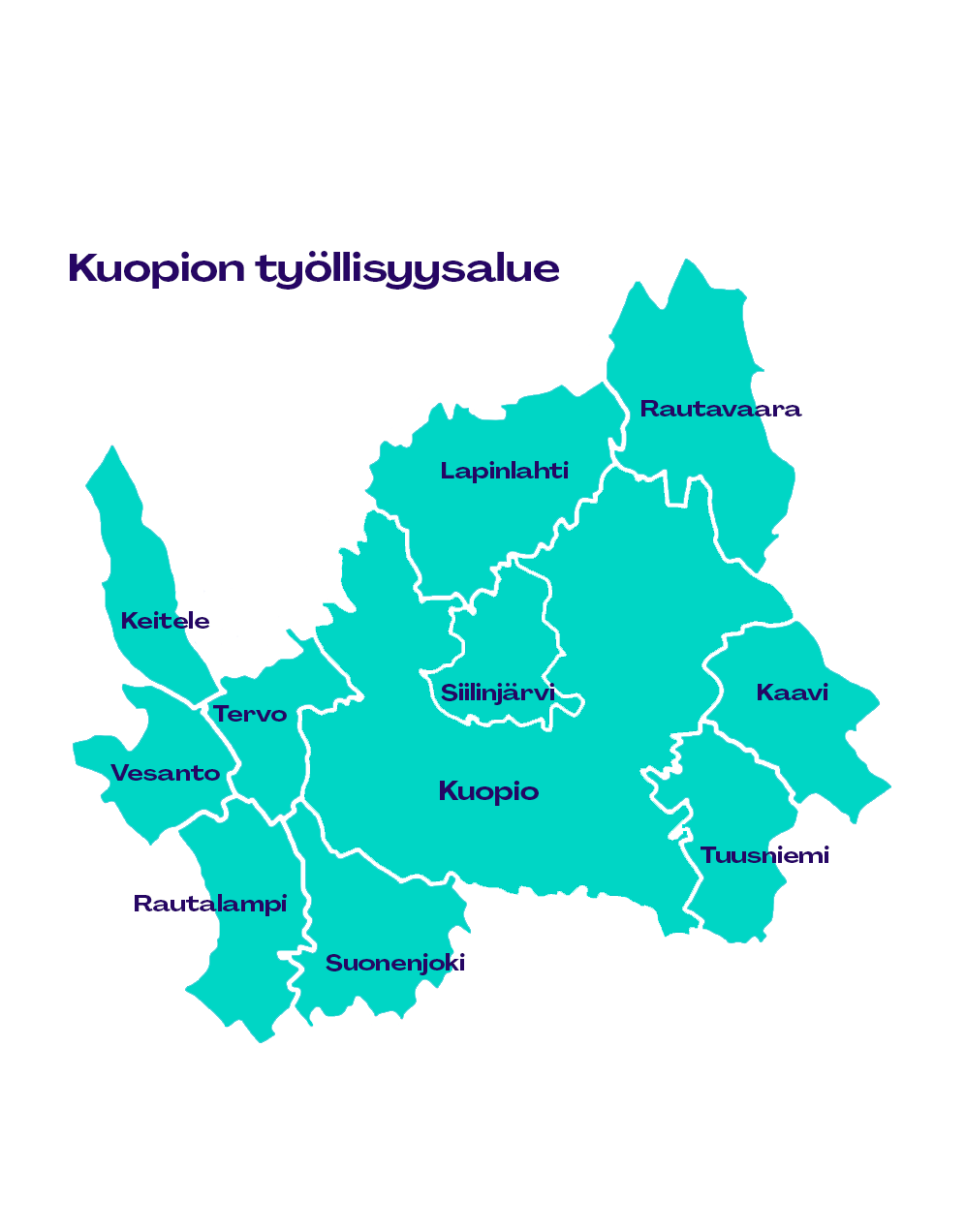 Kuopion työllisyysalueen kartta. Kunnat Kaavi, Keitele, Kuopio, Lapinlahti, Rautalampi, Rautavaara, Siilinjärvi, Suonenjoki, Tervo, Tuusniemi ja Vesanto.