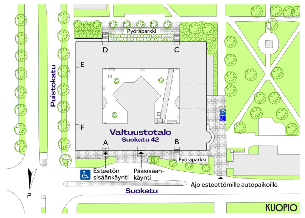 Valtuustotalon esteettömyyskartta.