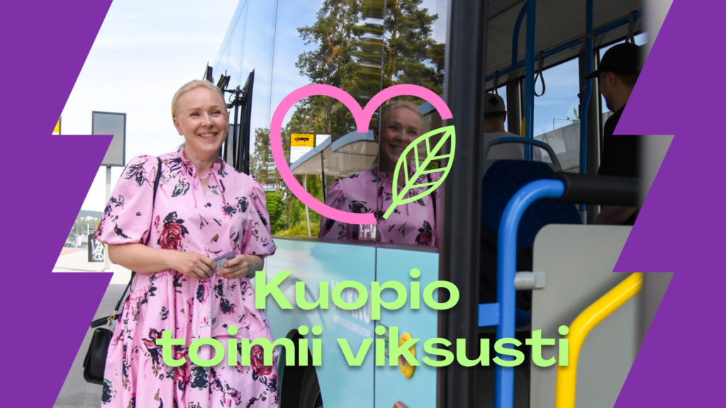 Kuvituskuva tekstillä Kuopio toimii viksusti, jossa linja-auto taustalla.