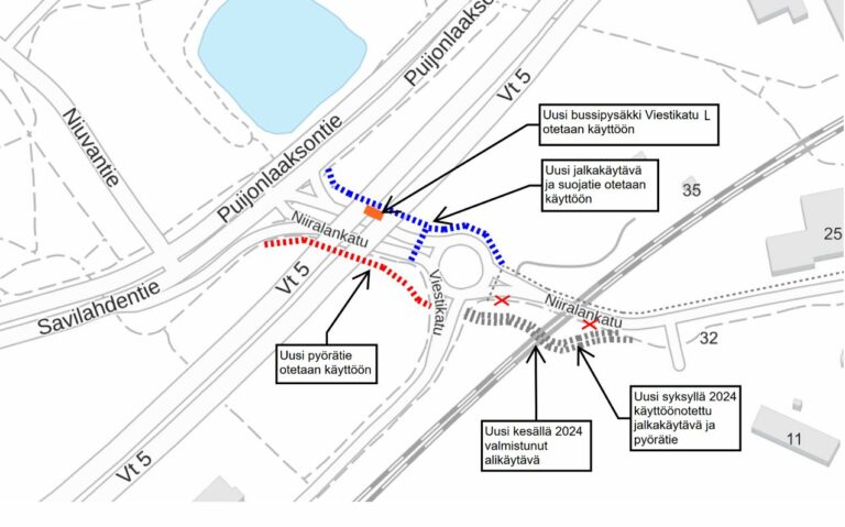 Karttakuva Niiralankadun bussipysäkistä ja jalankulku- ja pyöräilyväylästä.