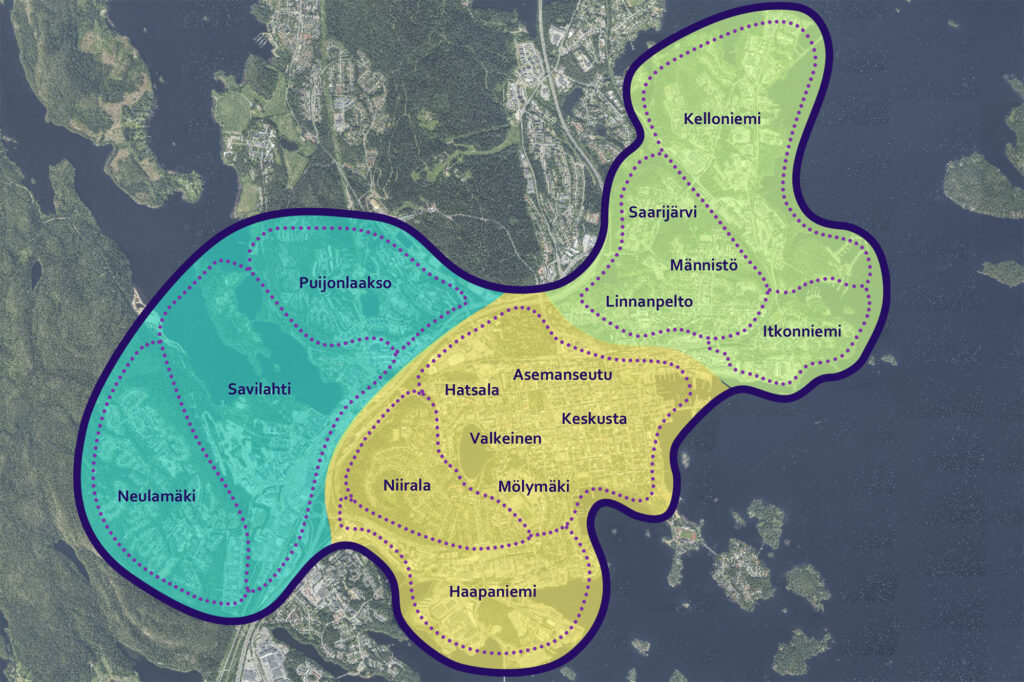 Karttakuvassa sinisellä, vihreällä ja keltaisella merkittyjä alueita keskeiseltä kaupunkialueelta.