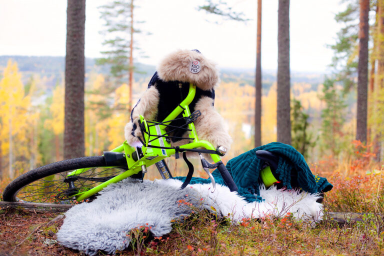 Kaupunkipyörä metsässä viltin päällä karvahattu päässä.